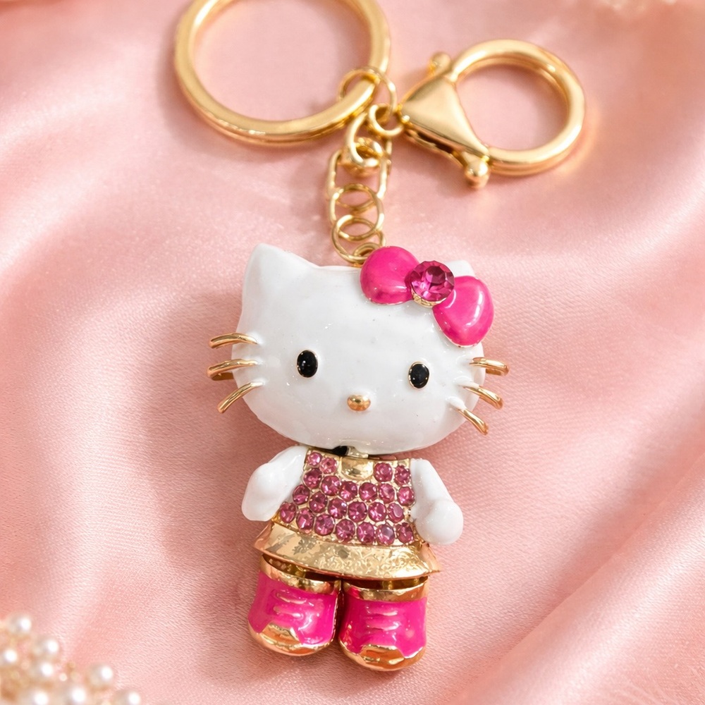 Hello Kitty-Inspired Pink Crystal Cat Keychain Card Holder Charm